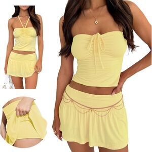 Yellow Strapless Top and Skirt Set